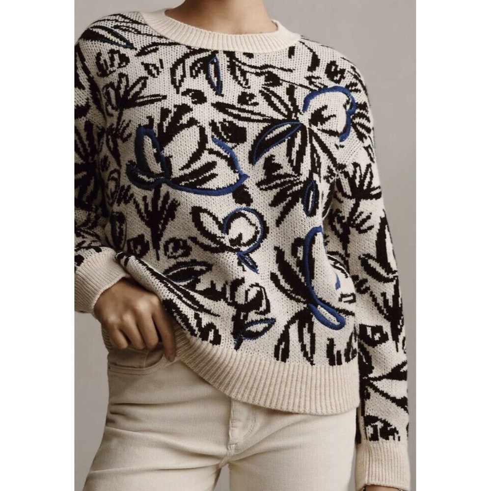 Anthropologie Floral Pop Embroidered Sweater Wool Blend Size Medium New